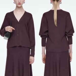 COS Waisted Wool V Neck Cardigan Size M Bordeaux Purple Red Balloon Sleeve Cinch